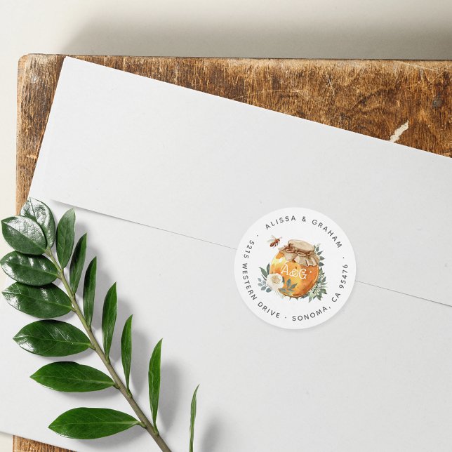 Orange Blossom Honey Bee Couples Rücksendeadresse Runder Aufkleber (Von Creator hochgeladen)