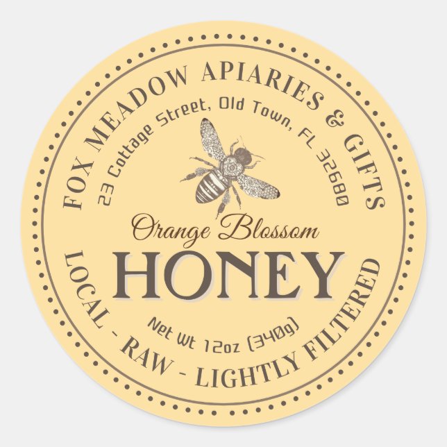 Orange Blossom Honey Flying Bee gepunktete Grenze Runder Aufkleber (Vorderseite)