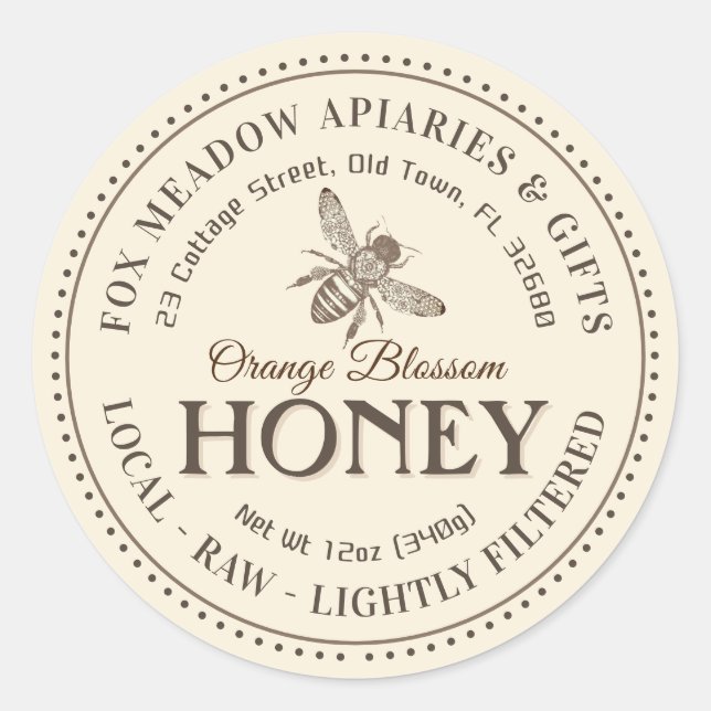 Orange Blossom Honey Flying Bee gepunktete Grenze Runder Aufkleber (Vorderseite)