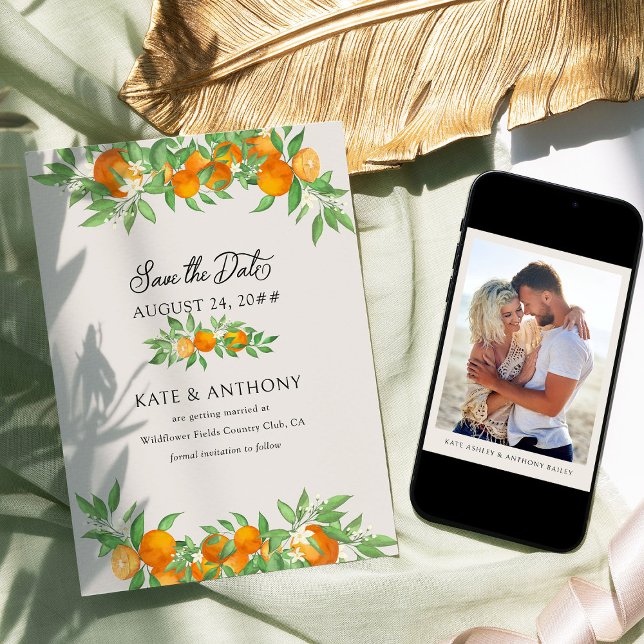 Orange Blossom Verlobung Foto Hochzeit Save The Date (Save the Date with Photo from the Orange Blossom Wedding Collection by Darling & May)