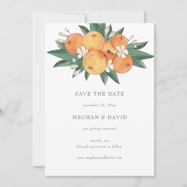 Orange Blossoms Citrus Botanical Save the Date  Ankündigung (Vorderseite)