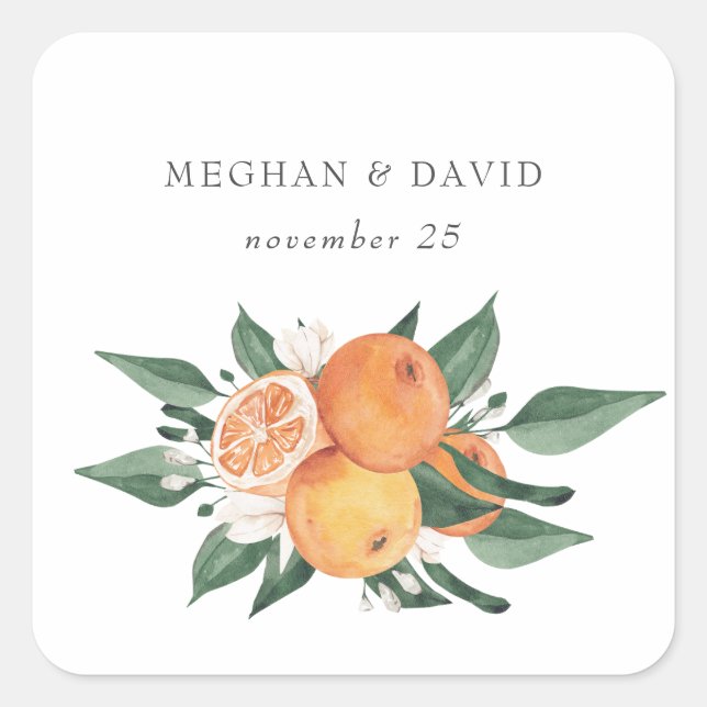 Orange Blossoms Citrus Botanical Wedding  Quadratischer Aufkleber (Vorderseite)