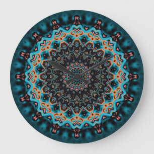 Orange Blue Aquamarin Black Mandala Boho Art  Große Wanduhr