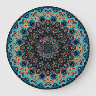 Orange Blue Aquamarin Black Mandala Boho Art Große Wanduhr