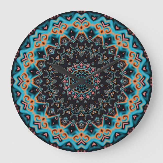 Orange Blue Aquamarin Black Mandala Boho Art Große Wanduhr (Vorderseite)
