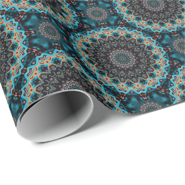 Orange Blue Aquamarin Black Mandala Boho Pattern Geschenkpapier (Rolleneckpunkt)
