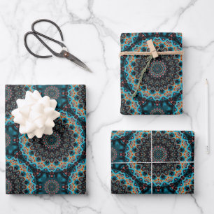 Orange Blue Aquamarin Black Mandala Boho Pattern Geschenkpapier Set