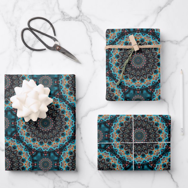 Orange Blue Aquamarin Black Mandala Boho Pattern Geschenkpapier Set (Vorderseite)