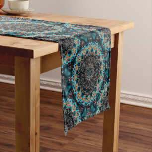 Orange Blue Aquamarin Black Mandala Boho Pattern Kurzer Tischläufer