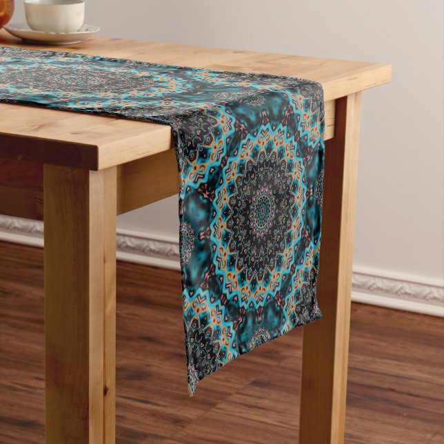 Orange Blue Aquamarin Black Mandala Boho Pattern Kurzer Tischläufer (Beispiel)