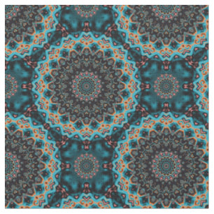 Orange Blue Aquamarin Black Mandala Boho Pattern Stoff