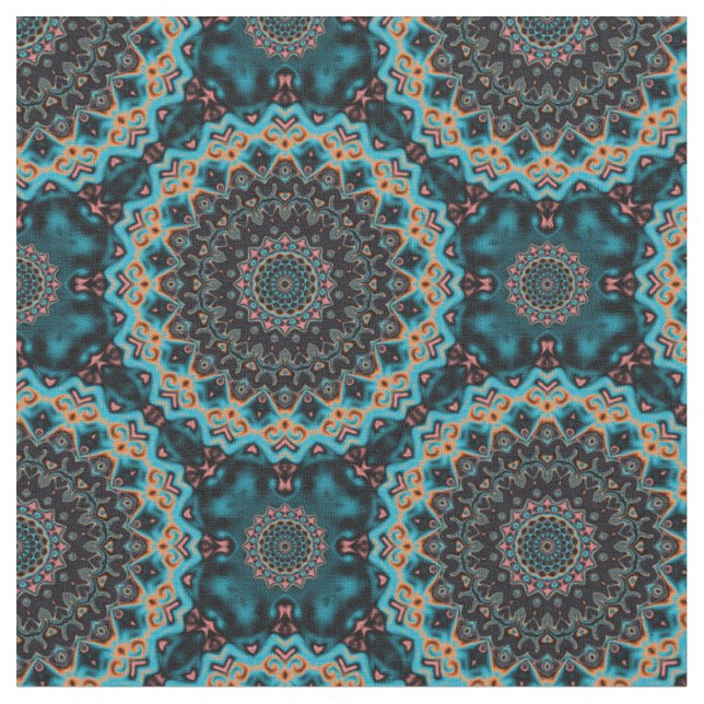Orange Blue Aquamarin Black Mandala Boho Pattern Stoff (Nahaufnahme)