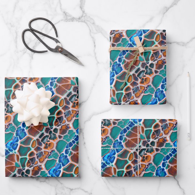 Orange Blue Aquamarin Mosaik-Festglasabstraktion Geschenkpapier Set (Vorderseite)