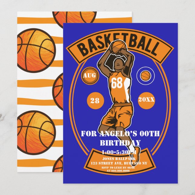 Orange Blue Basketball Invitations de fête d'anniv (Devant / Derrière)