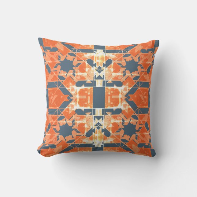 Orange Blue Beige Mediterrane Kunst Blumenmosaik Kissen (Vorderseite)