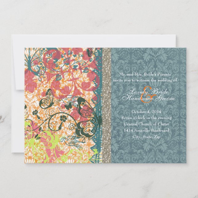 Orange Blue Boho Chic Sinti und Roma Hochzeit Einl Einladung (Vorderseite)