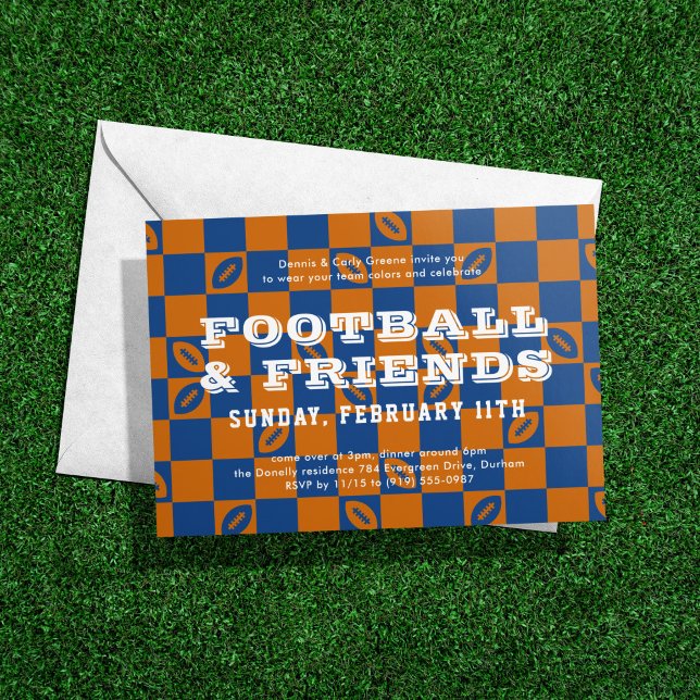 Orange Blue Checkerboard Football Game Watch Party Einladung (Von Creator hochgeladen)