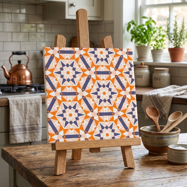 Orange Blue Cream Geometric Hexagons Muster Fliese (Von Creator hochgeladen)