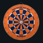 Orange & Blue Custom Text Sports Chicago Illinois Dartscheibe<br><div class="desc">Fügen Sie oben und unten Ihren eigenen Text hinzu (Standard "Ihr eigener Text hier" und "Go Sports!"). Dieses orangefarbene Dartboard ist in marineblau,  orange und weiß gehalten. Ideal für Sportfans in Chicago,  Illinois.</div>