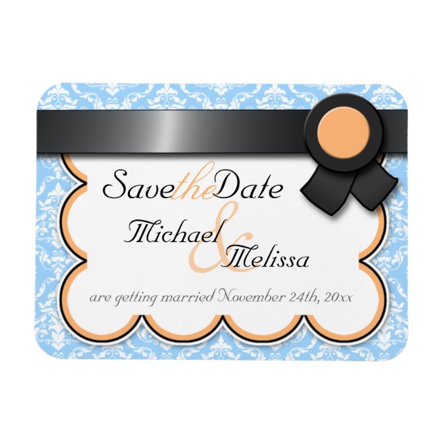 Orange & Blue Damask Save the Date flaches Magnet (Horizontal)