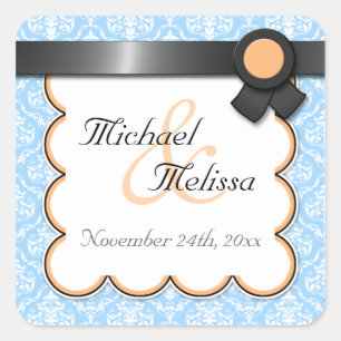 Orange & Blue Damask Wedding Gefälligkeitskleber Quadratischer Aufkleber