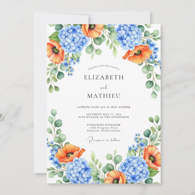 Orange Blue Floral Spring Wedding Einladung (Vorderseite)