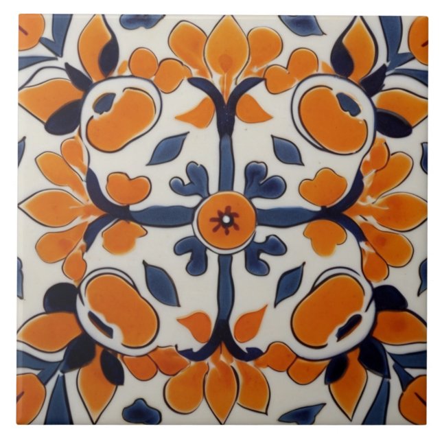 Orange Blue Geometric Cross Abstrakt mediterrane Fliese (Vorderseite)