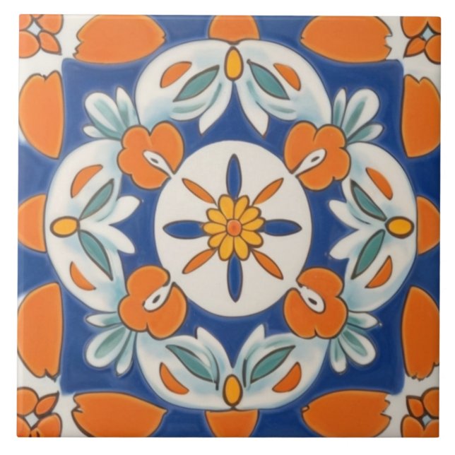 Orange & Blue Geometric, mediterran Fliese (Vorderseite)