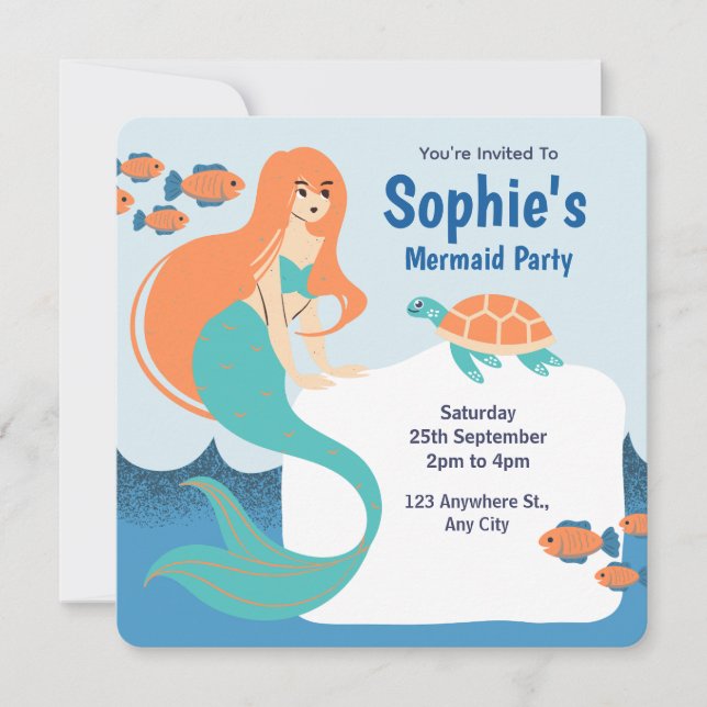 Orange Blue Girls Mermaid Birthday Party Einladung (Vorderseite)