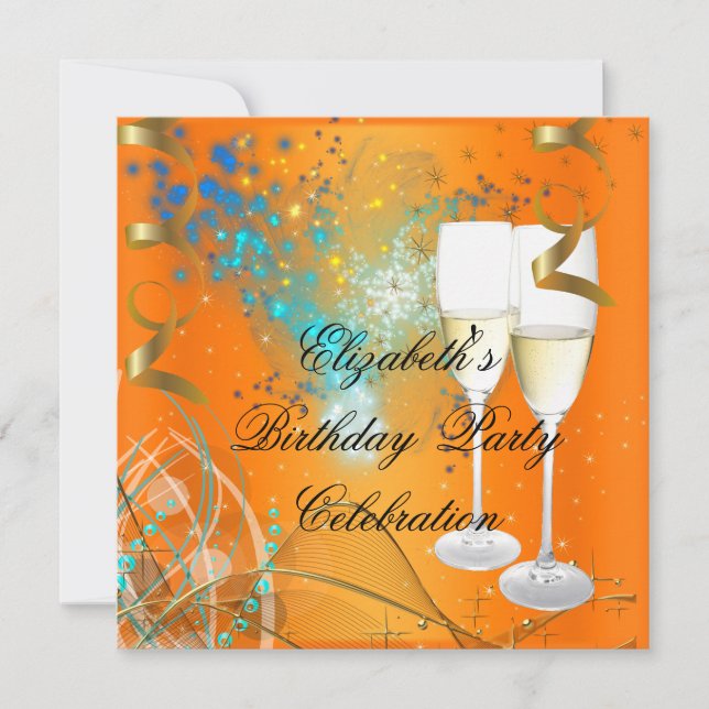 Orange Blue Gold Birthday Party Champagne Einladung (Vorderseite)
