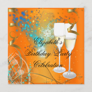 Orange Blue Gold Birthday Party Champagne Einladung