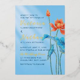 Orange & Blue Lotus Blume Blätter Hochzeiten Folieneinladung