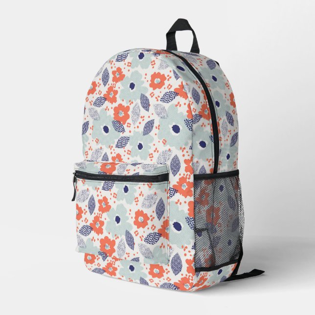 Orange & Blue Modern Blume Pattern Bedruckter Rucksack (Rückseitige Ecke Rechts)
