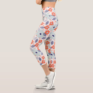 Orange & Blue Modern Blume Pattern Capri Leggings