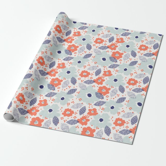 Orange & Blue Modern Blume Pattern Geschenkpapier (Ungerollt)