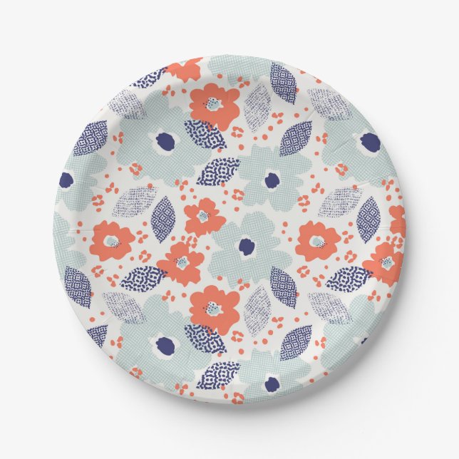 Orange & Blue Modern Blume Pattern Pappteller (Vorderseite)