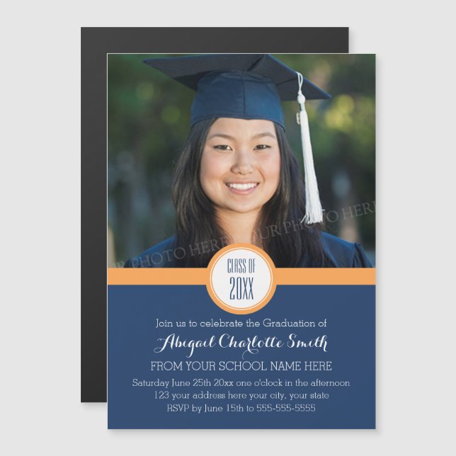 Orange Blue Modern Graduation Party Magnetic Card Magneteinladung (Vorne/Hinten)