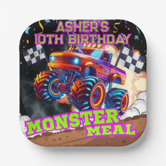 Orange Blue Monster Big Truck Birthday Square Pappteller
