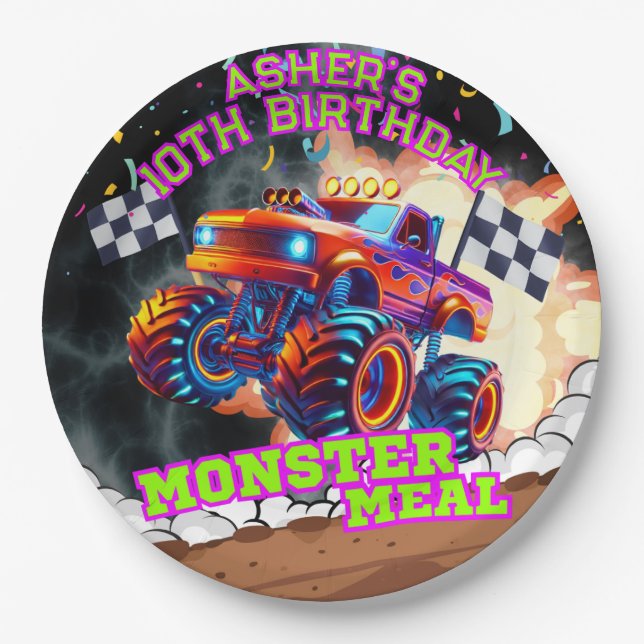 Orange & Blue Monster Truck Kids Off-Road Geburtst Pappteller (Vorderseite)