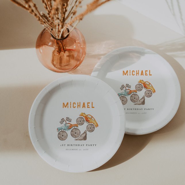 Orange Blue Monster Trucks Party Teller (Von Creator hochgeladen)