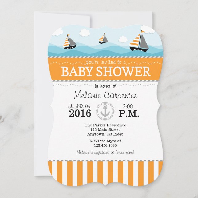 Orange Blue Nautical Baby Dusche Einladung (Vorderseite)