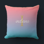 Orange Blue Ombre Handschrift Name des Skripts Kissen<br><div class="desc">Orange Blue Ombre Modernes Drehbuch Name monogramm elegantes Kissen im Freien</div>