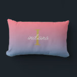 Orange Blue Ombre Modern Monogram Script Name Lendenkissen<br><div class="desc">Orange Blue Crimson Modernes Drehbuch Name monogramm elegantes Holzkissen</div>