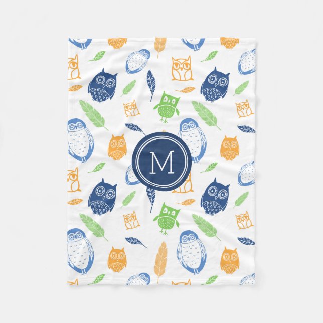 Orange Blue Owls Feathers Pattern Monogram Blanket Fleecedecke (Vorderseite)