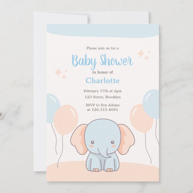Orange Blue Pastel Simple Elephant Baby Dusche Einladung (Vorderseite)