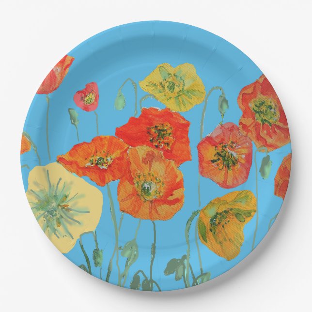 Orange Blue Poppy Blume Musterpapier Party Plate Pappteller (Vorderseite)