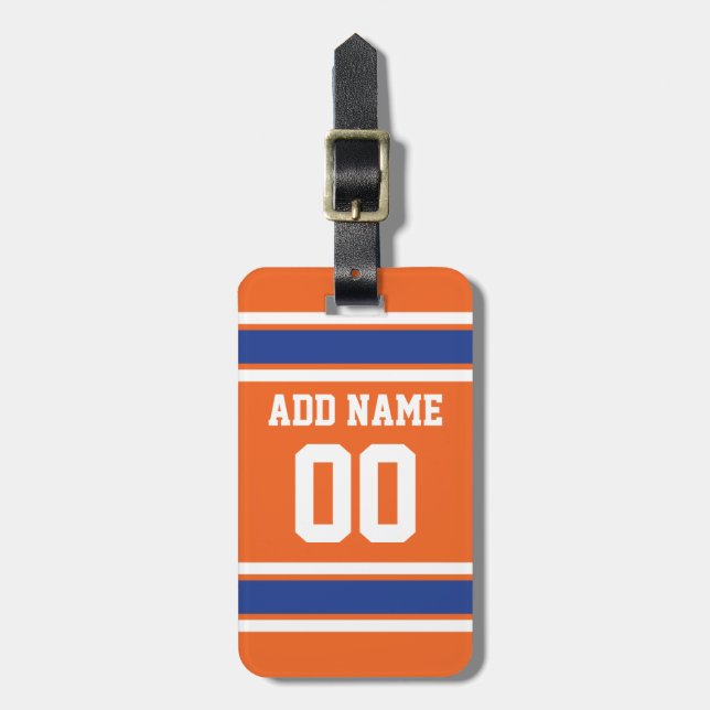 Orange Blue Sports Jersey mit Name und Nummer Gepäckanhänger (Vorderseite vertikal)