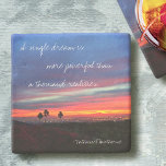 Orange Blue Sunset Photo A Single Dream Quote Steinuntersetzer<br><div class="desc">“A single dream is more powerful than a thousand realities.” Make your dreams come true at the end of each day. Relax with your favorite beverage when you use this inspirational photography coaster of a stunning sunset of bright reds, oranges, and deep blues. A great gift for a special friend!...</div>