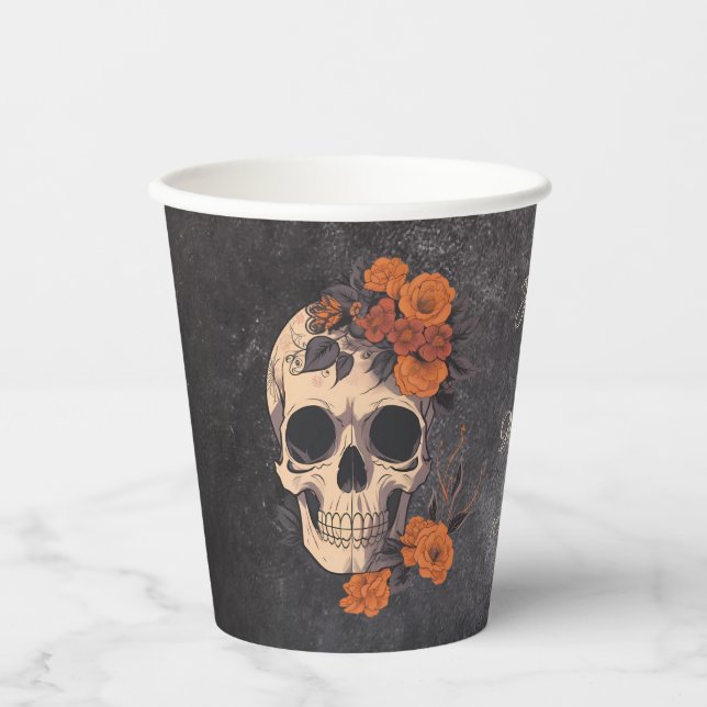 Orange Blume Elegante Hochzeit Skull Pappbecher (Vorderseite)