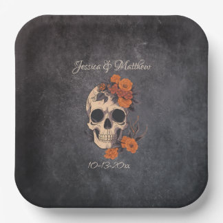 Orange Blume Elegantes Skull Minimalistische Hochz Pappteller